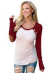 Sexy Burgundy Raglan Sleeve Elbow Patch and Buttons Top